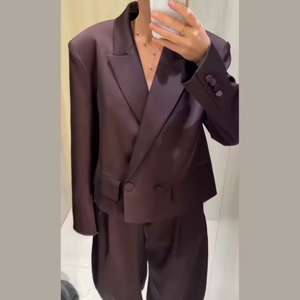 Zara Satin Double Breasted Cropped  Blazer Jacket Brown Size XL